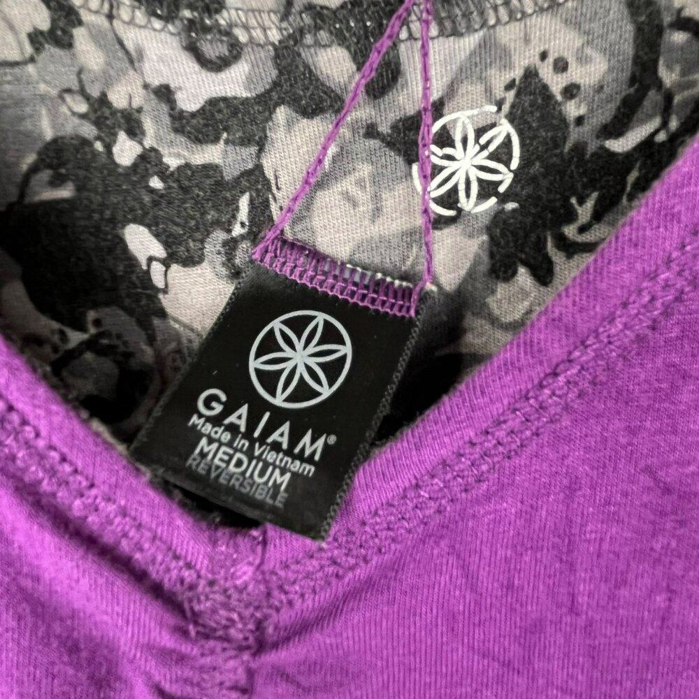 Gaiam Tank Dress Black Floral Reverses to Sollid Purple V-Neck Sz. M - Picture 3 of 6